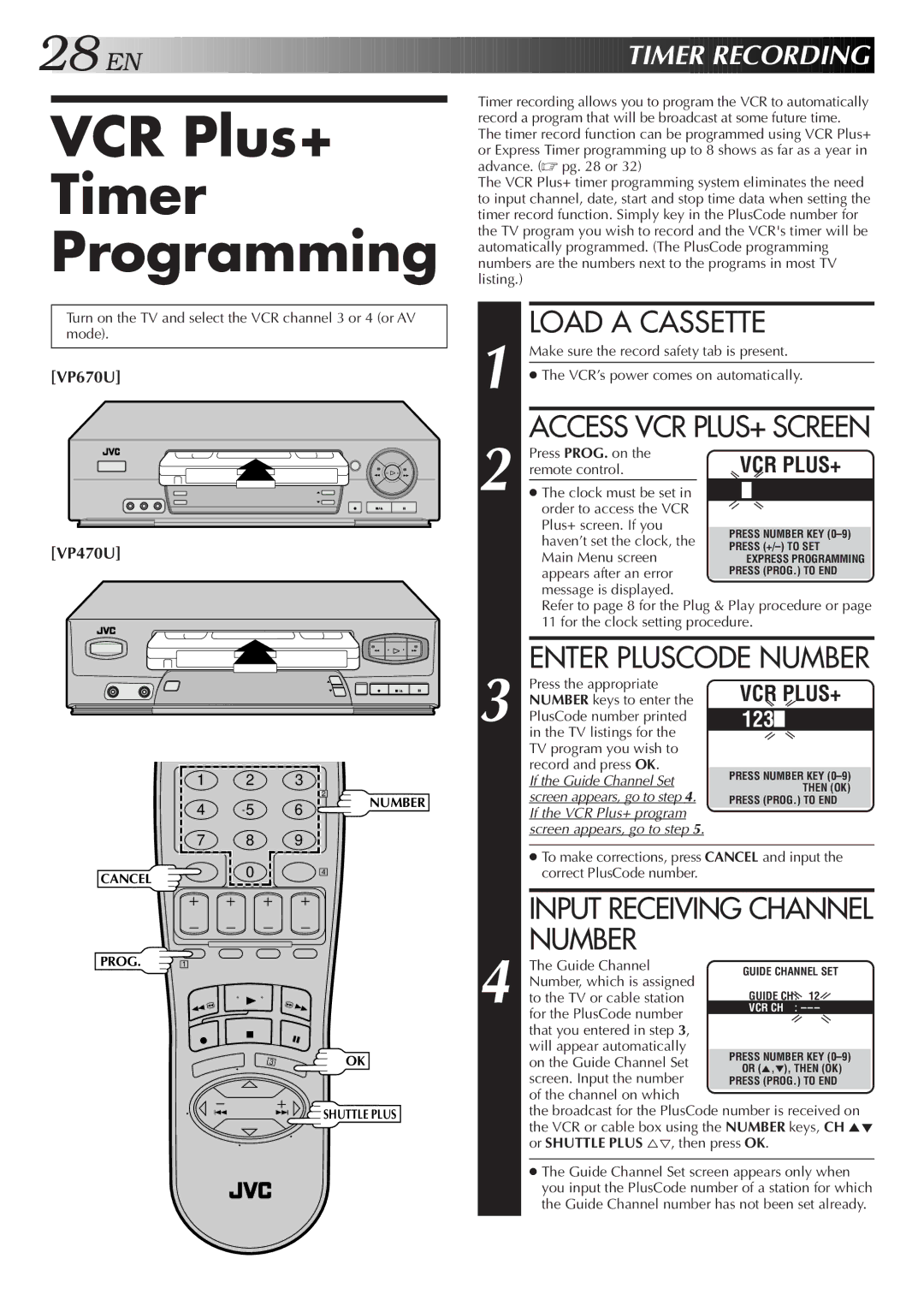 JVC HR-VP470U manual VCR Plus+ Timer Programming, Input Receiving Channel Number, EN Timer Recording 