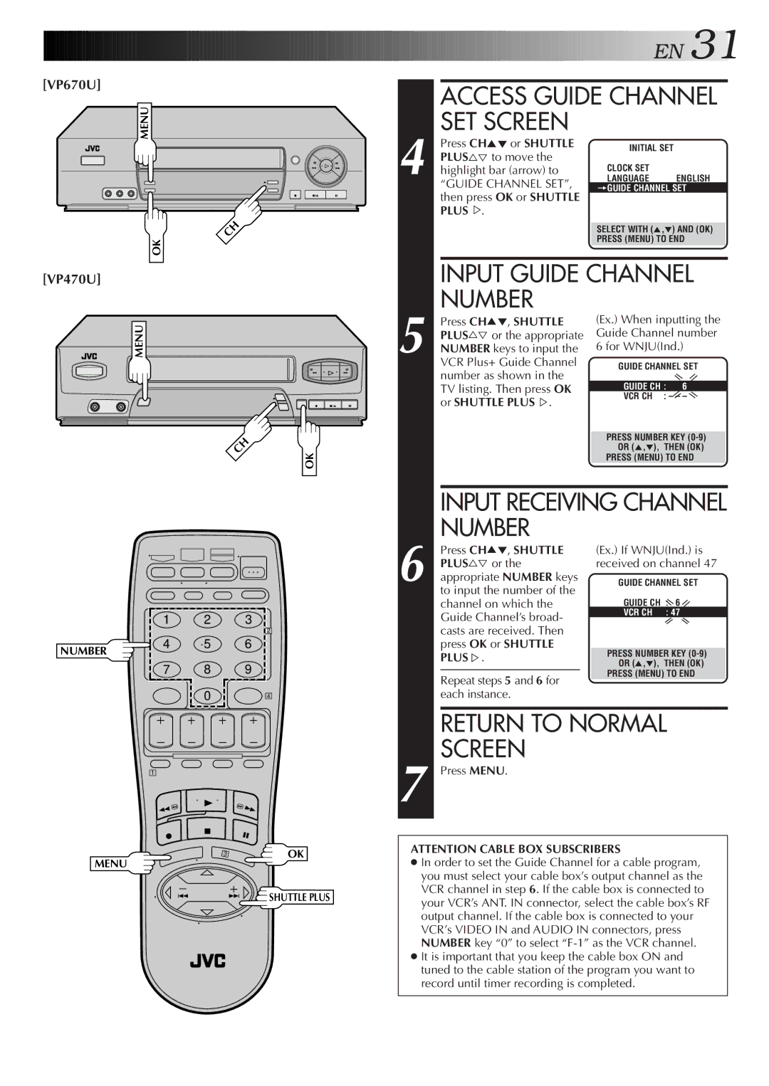 JVC HR-VP470U manual Access Guide Channel SET Screen, Input Guide Channel, Number, Press CH5, Shuttle 