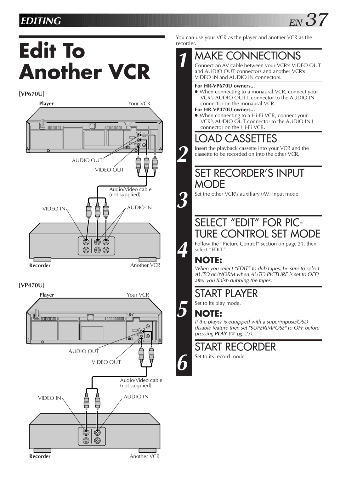 JVC HR-VP470U manual Edit To Another VCR 