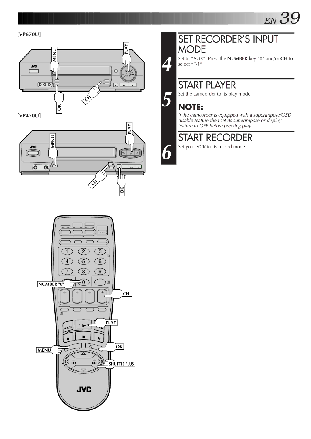 JVC HR-VP470U manual SET RECORDER’S Input Mode, Set to AUX. Press the Number key 0 and/or CH to select F-1 