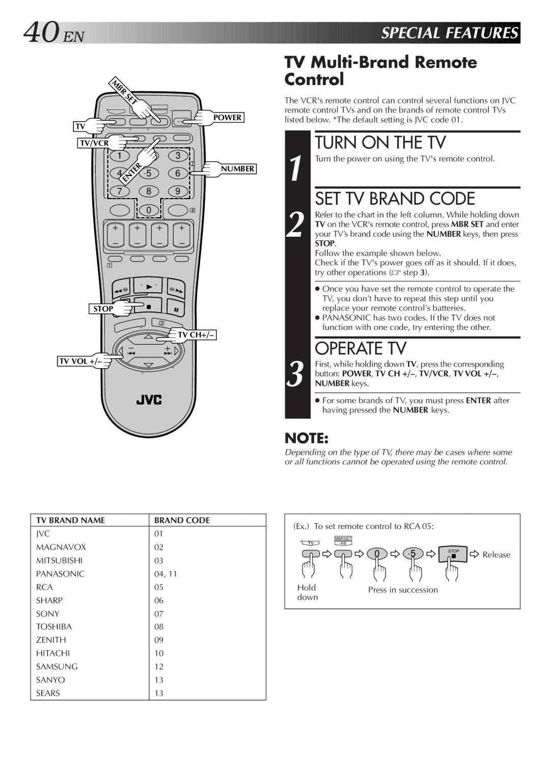 JVC HR-VP470U manual Turn on the TV, SET TV Brand Code, Operate TV, EN Special Feat Ures, TV Multi-Brand Remote Control 