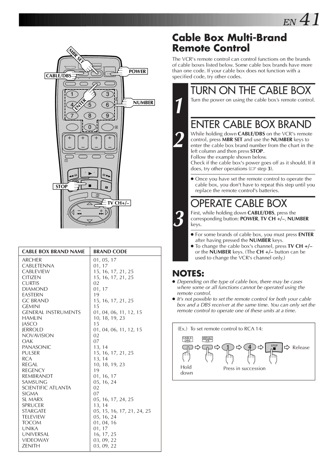 JVC HR-VP470U manual Turn on the Cable BOX, Enter Cable BOX Brand, Operate Cable BOX, Cable Box Multi-Brand Remote Control 