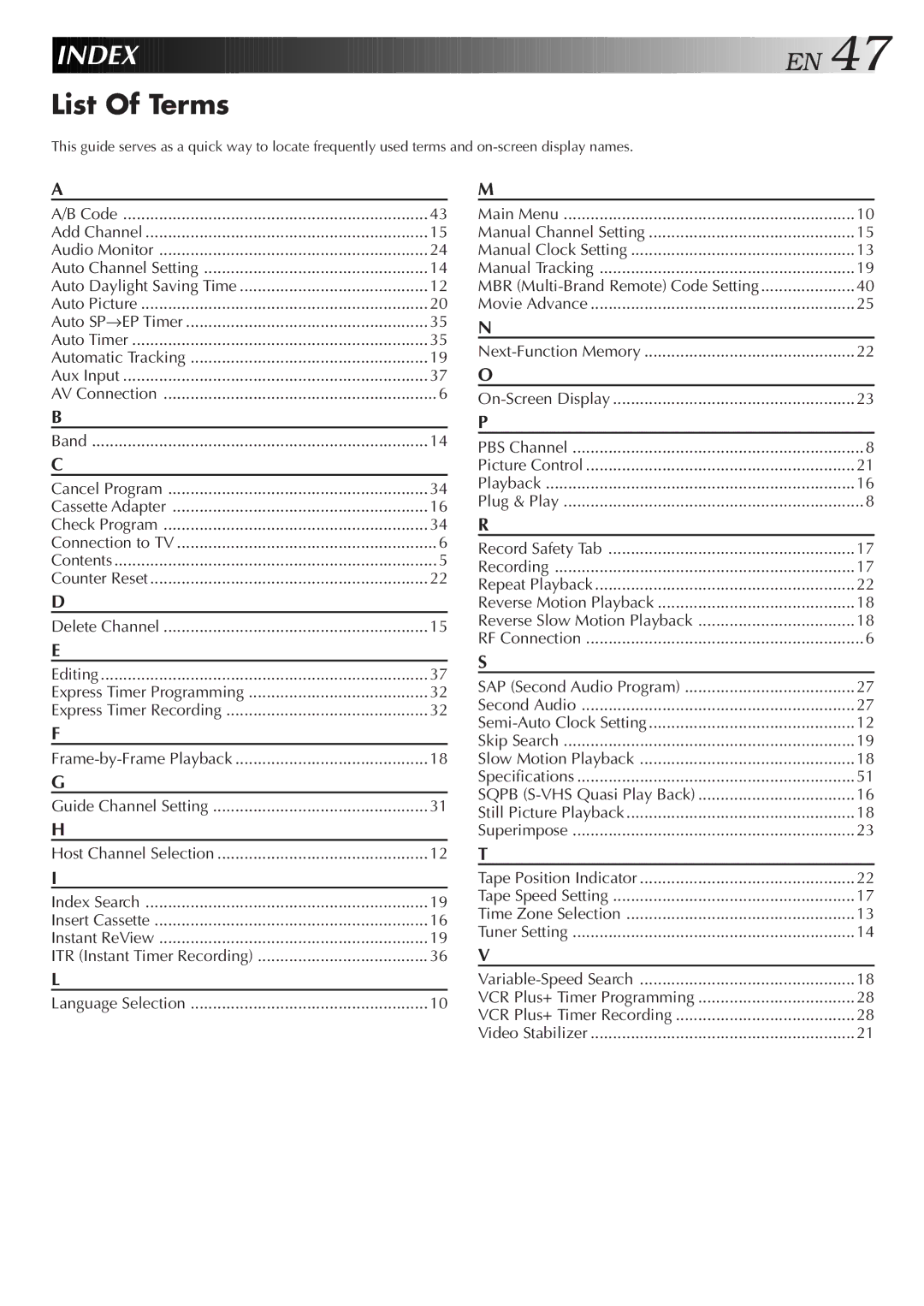 JVC HR-VP470U manual Index, List Of Terms, Express Timer Programming, MBR Multi-Brand Remote Code Setting 