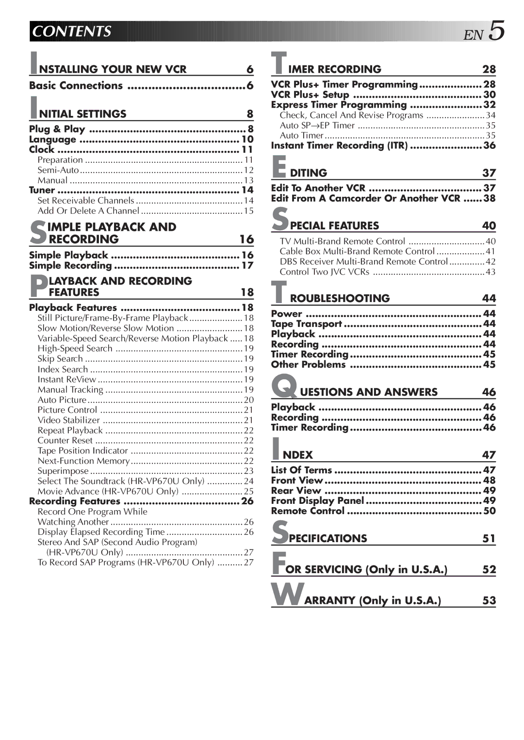 JVC HR-VP470U manual Contents 