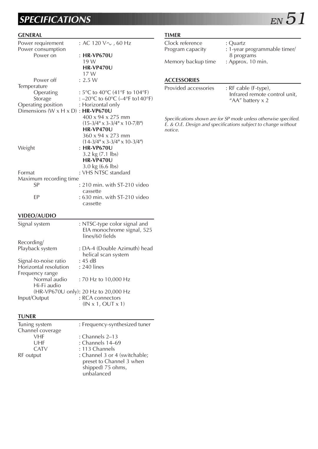 JVC HR-VP470U manual Specification S 