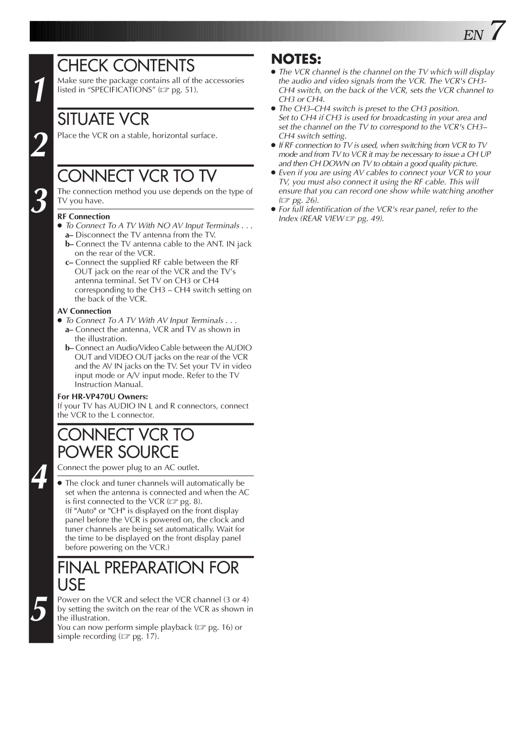 JVC HR-VP470U manual Check Contents, Situate VCR, Connect VCR to TV, Connect VCR to Power Source, Final Preparation for USE 