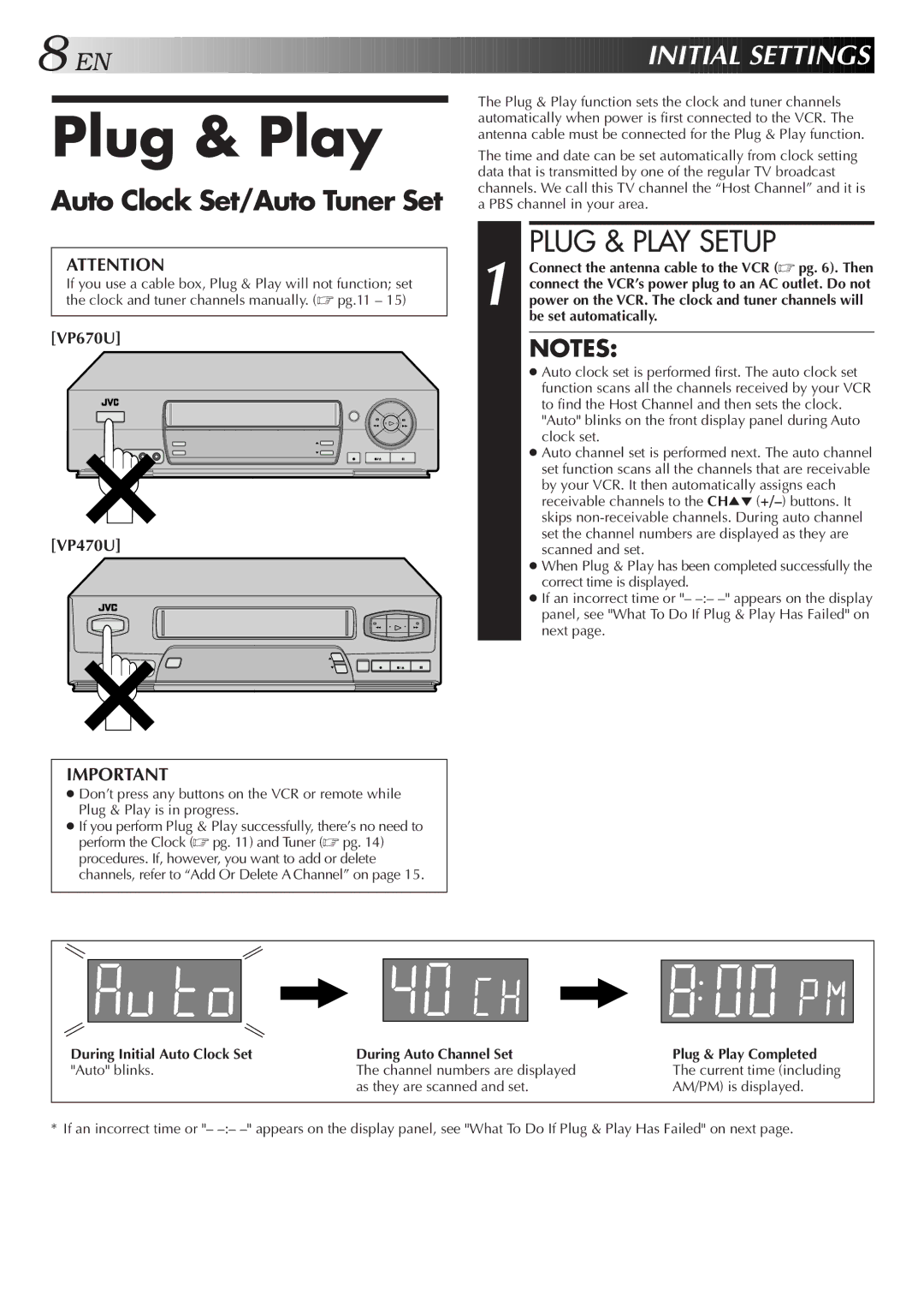 JVC HR-VP470U manual Plug & Play Setup, EN I Nitial Sett Ings, Auto Clock Set/Auto Tuner Set 