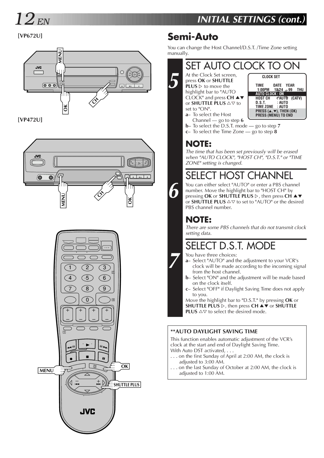 JVC HR-VP472U, HR-VP672U manual SET Auto Clock to on, Select Host Channel, Select D.S.T. Mode, Semi-Auto 