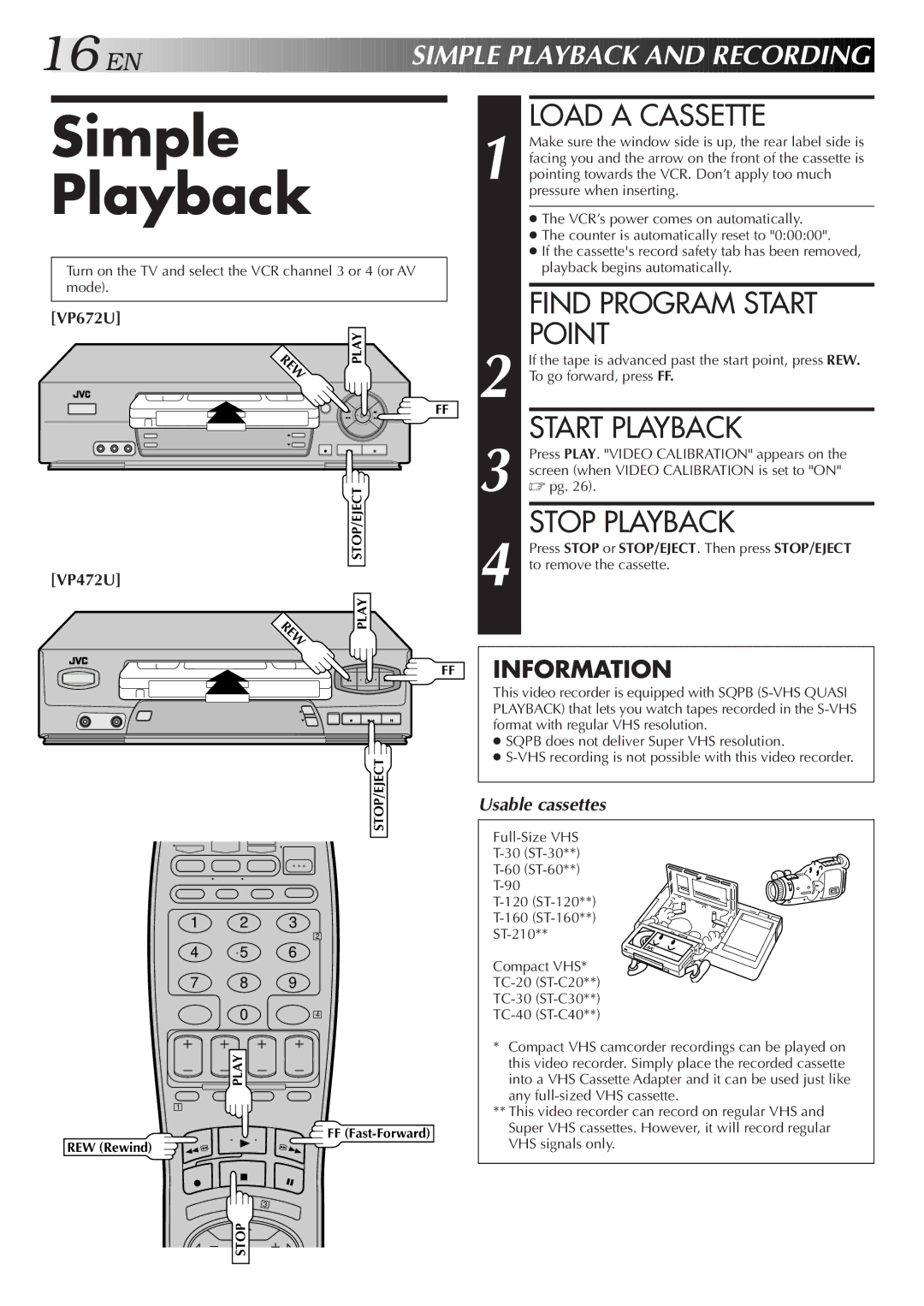 JVC HR-VP472U, HR-VP672U manual Simple Playback 