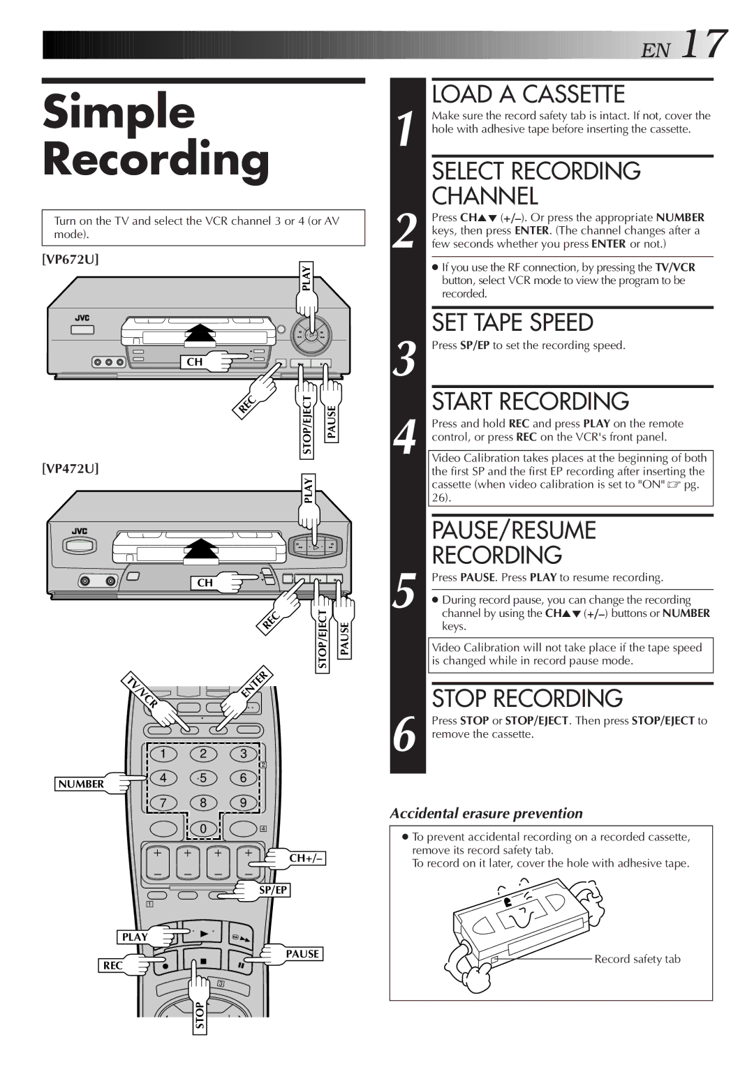 JVC HR-VP672U, HR-VP472U manual Simple Recording 