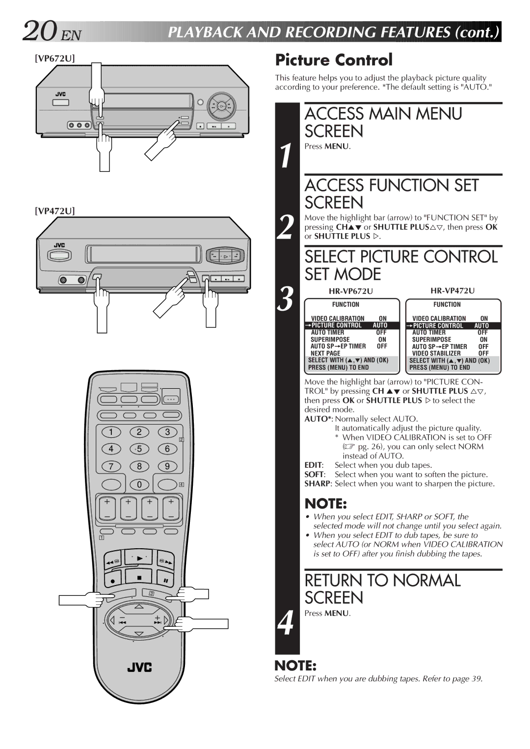 JVC HR-VP472U, HR-VP672U manual Access Function SET Screen, Select Picture Control SET Mode, Layback and Recording Features 