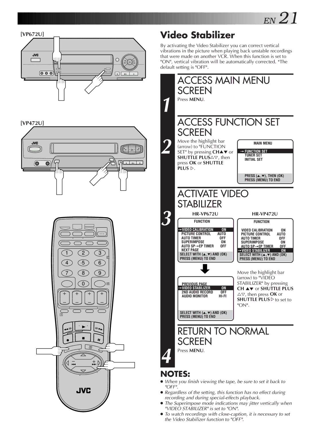 JVC HR-VP672U, HR-VP472U manual Video Stabilizer 