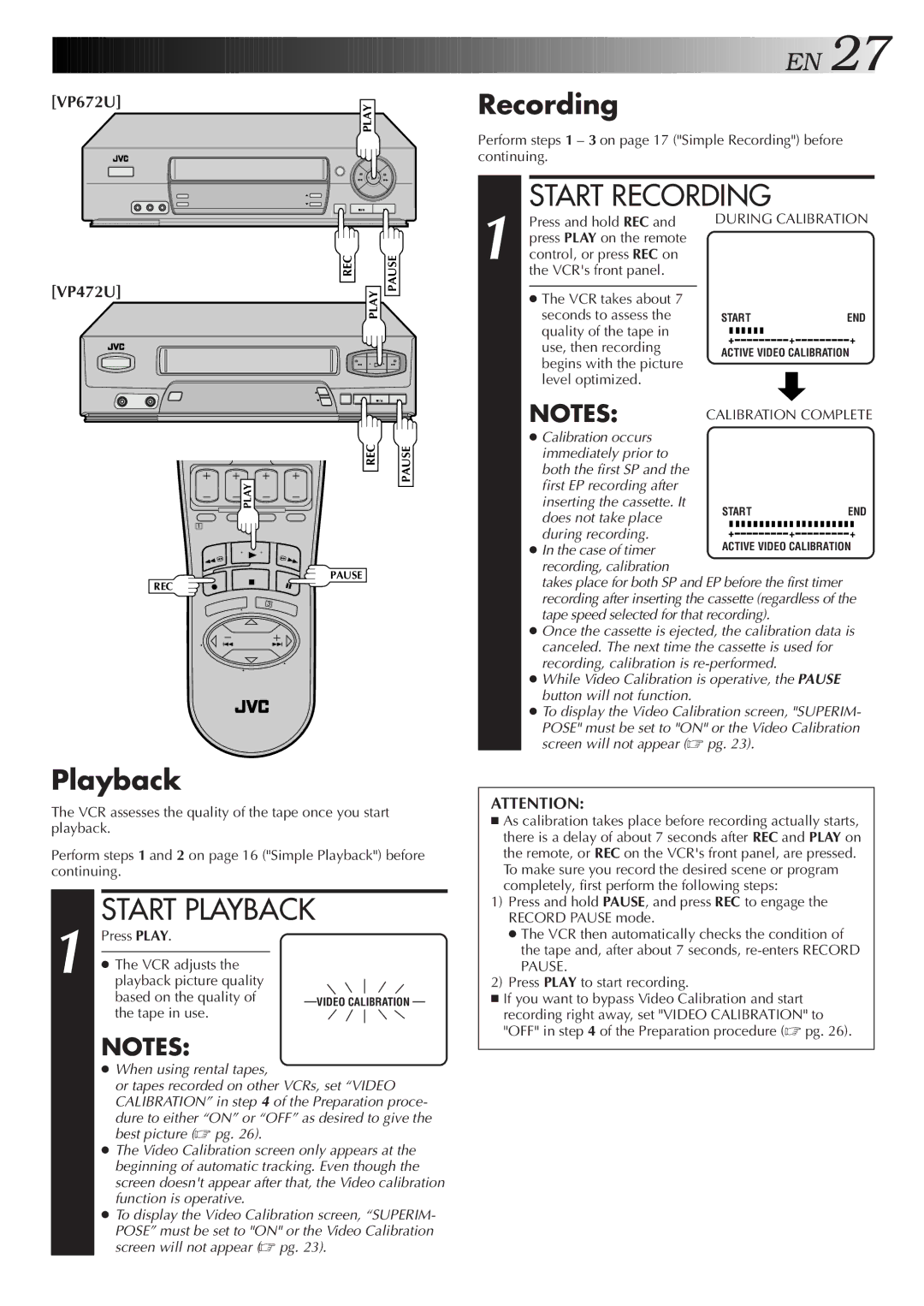 JVC HR-VP672U, HR-VP472U manual Playback, Recording 