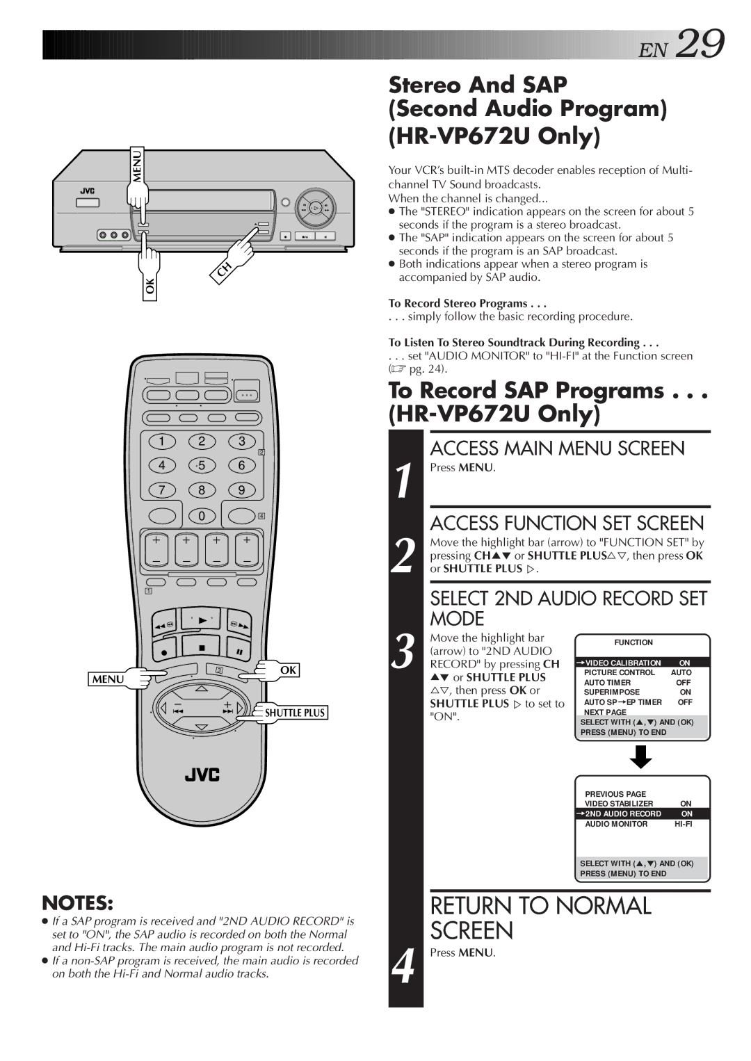 JVC HR-VP472U manual Stereo And SAP Second Audio Program HR-VP672U Only, To Record SAP Programs HR-VP672U Only 