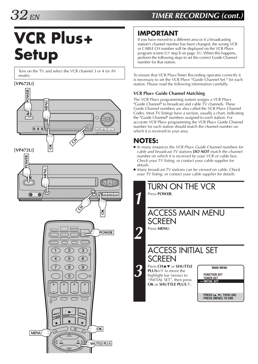 JVC HR-VP472U, HR-VP672U manual VCR Plus+ Setup, VCR Plus+ Guide Channel Matching, Initial SET, then press 