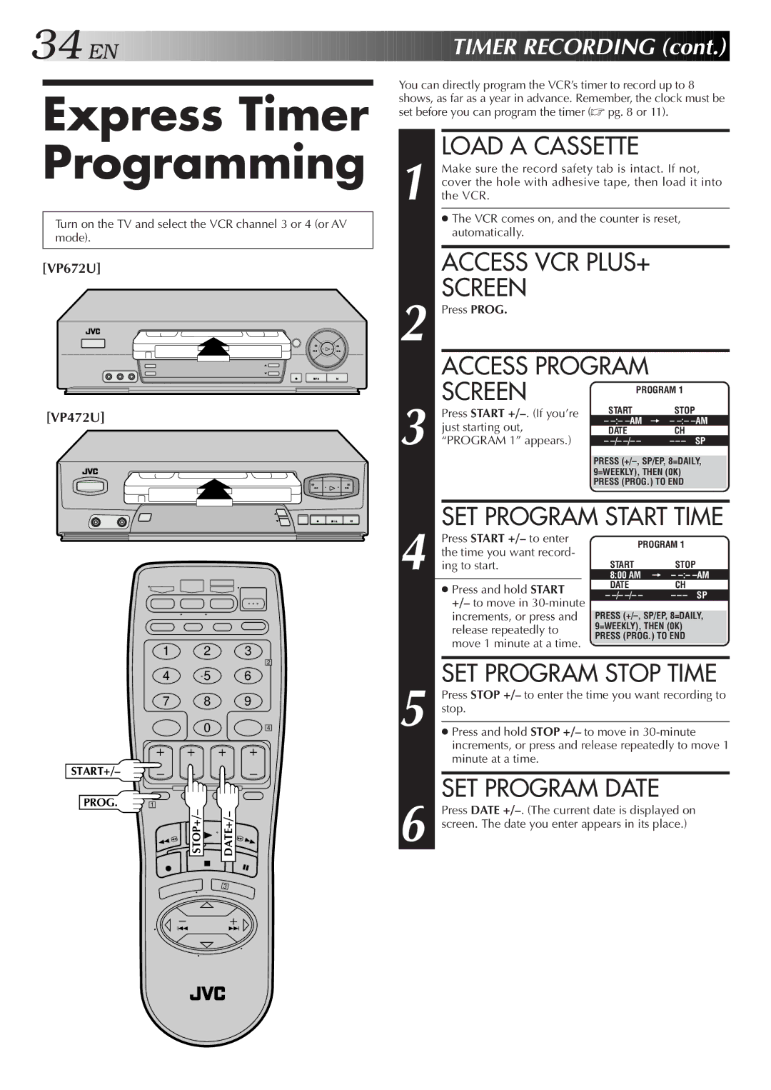 JVC HR-VP472U, HR-VP672U manual Express Timer Programming, SET Program Date 