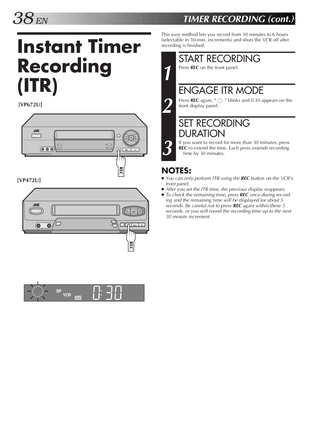 JVC HR-VP472U, HR-VP672U manual Instant Timer Recording ITR, Engage ITR Mode, SET Recording, Duration 