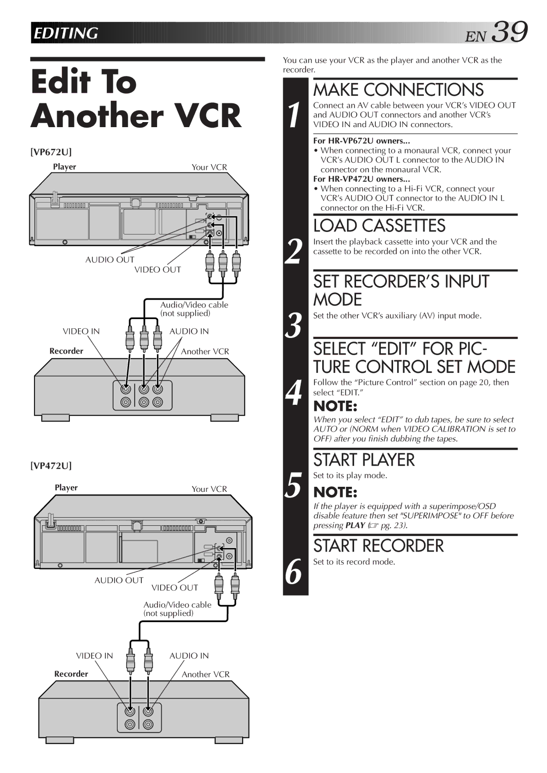 JVC HR-VP672U, HR-VP472U manual Edit To Another VCR 