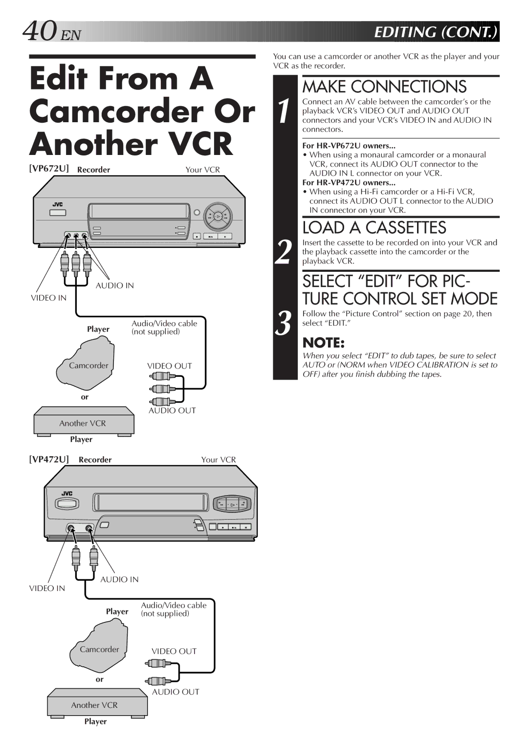 JVC HR-VP472U, HR-VP672U manual Edit From a Camcorder Or Another VCR, Load a Cassettes, VP672U Recorder, VP472U Recorder 