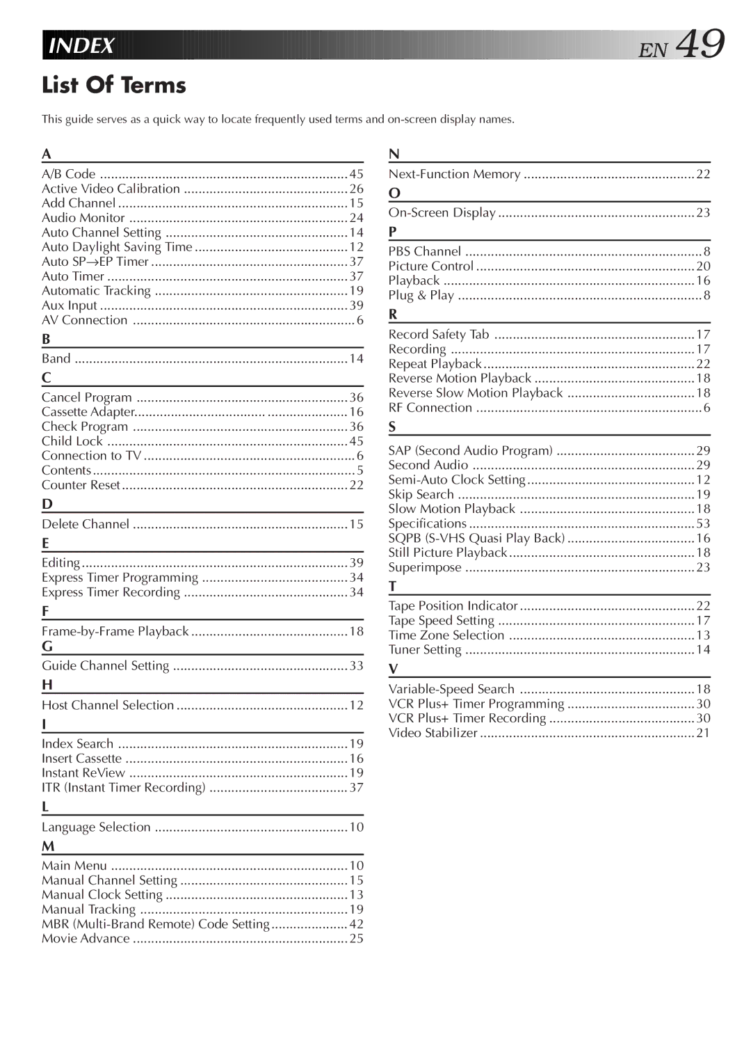 JVC HR-VP672U, HR-VP472U manual Index, List Of Terms, Express Timer Programming, MBR Multi-Brand Remote Code Setting 