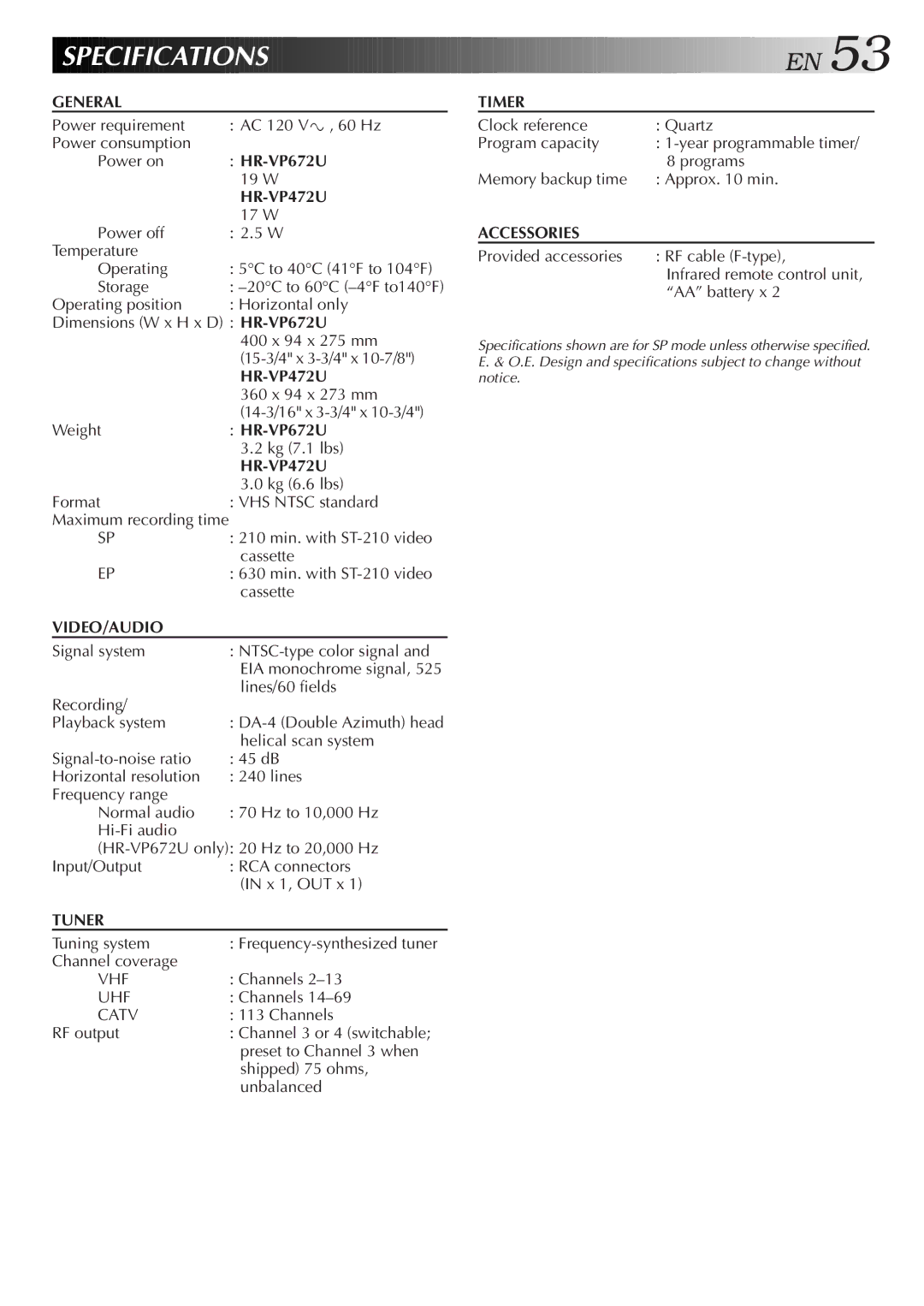 JVC HR-VP672U, HR-VP472U manual Specifications 