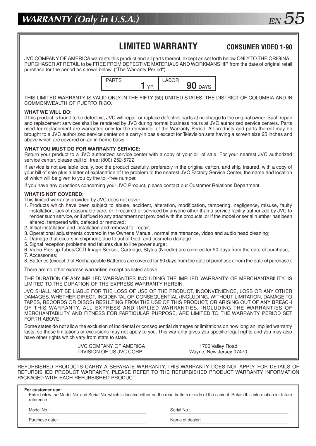 JVC HR-VP672U, HR-VP472U manual Warranty Only in U.S.A. E N, Limited Warranty 