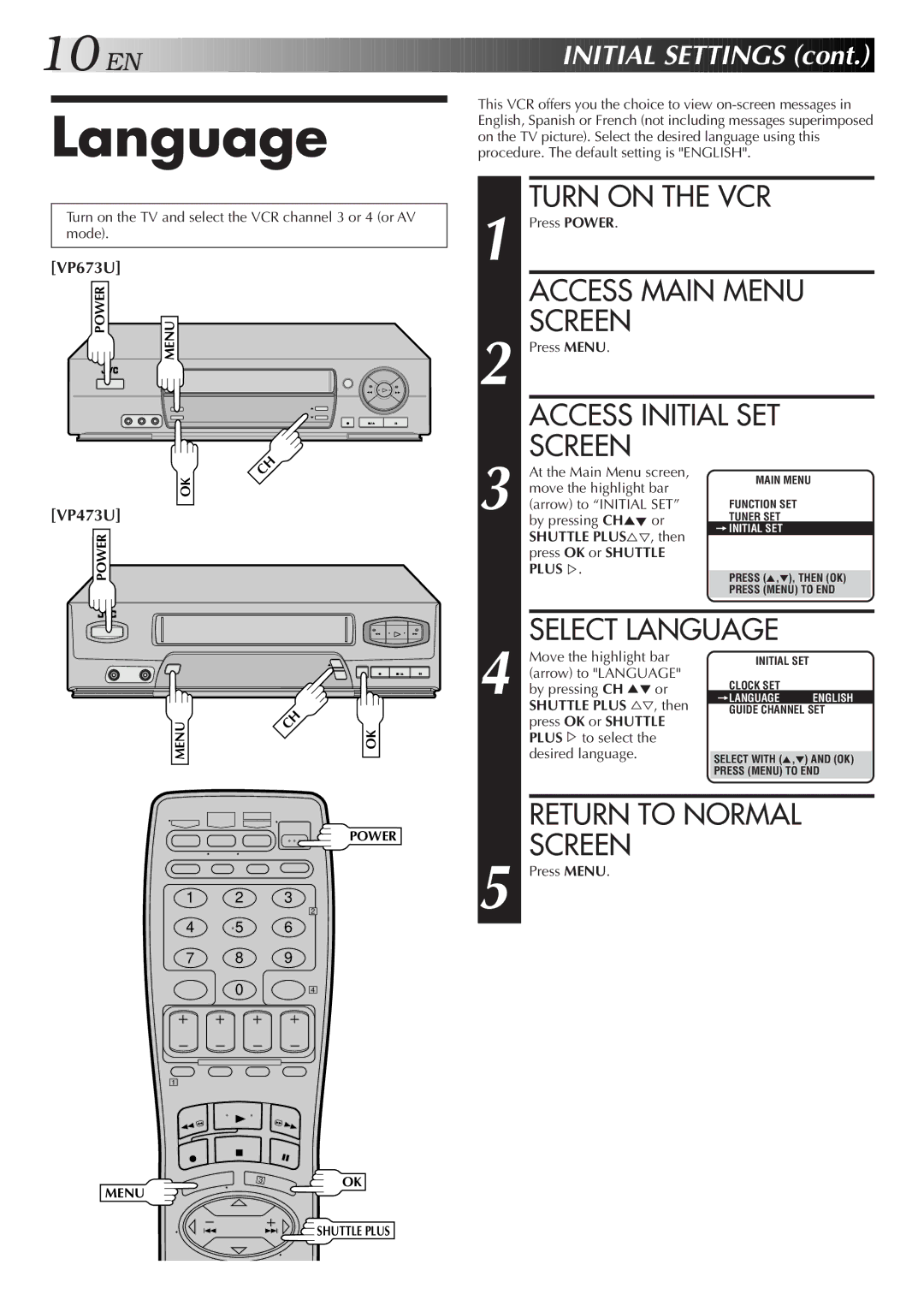 JVC HR-VP473U, HR-VP673U manual Language 