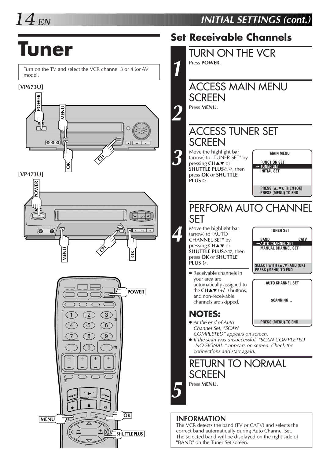 JVC HR-VP473U, HR-VP673U manual Access Main Menu Screen, Access Tuner SET Screen, Set Receivable Channels 