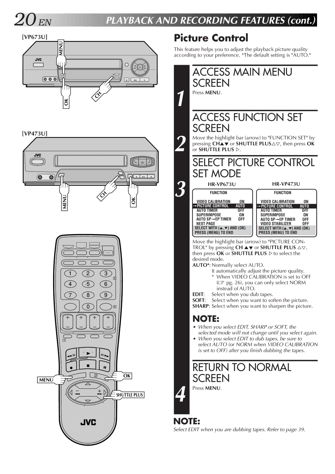 JVC HR-VP473U, HR-VP673U manual Access Function SET Screen, Select Picture Control SET Mode, Layback and Recording Features 