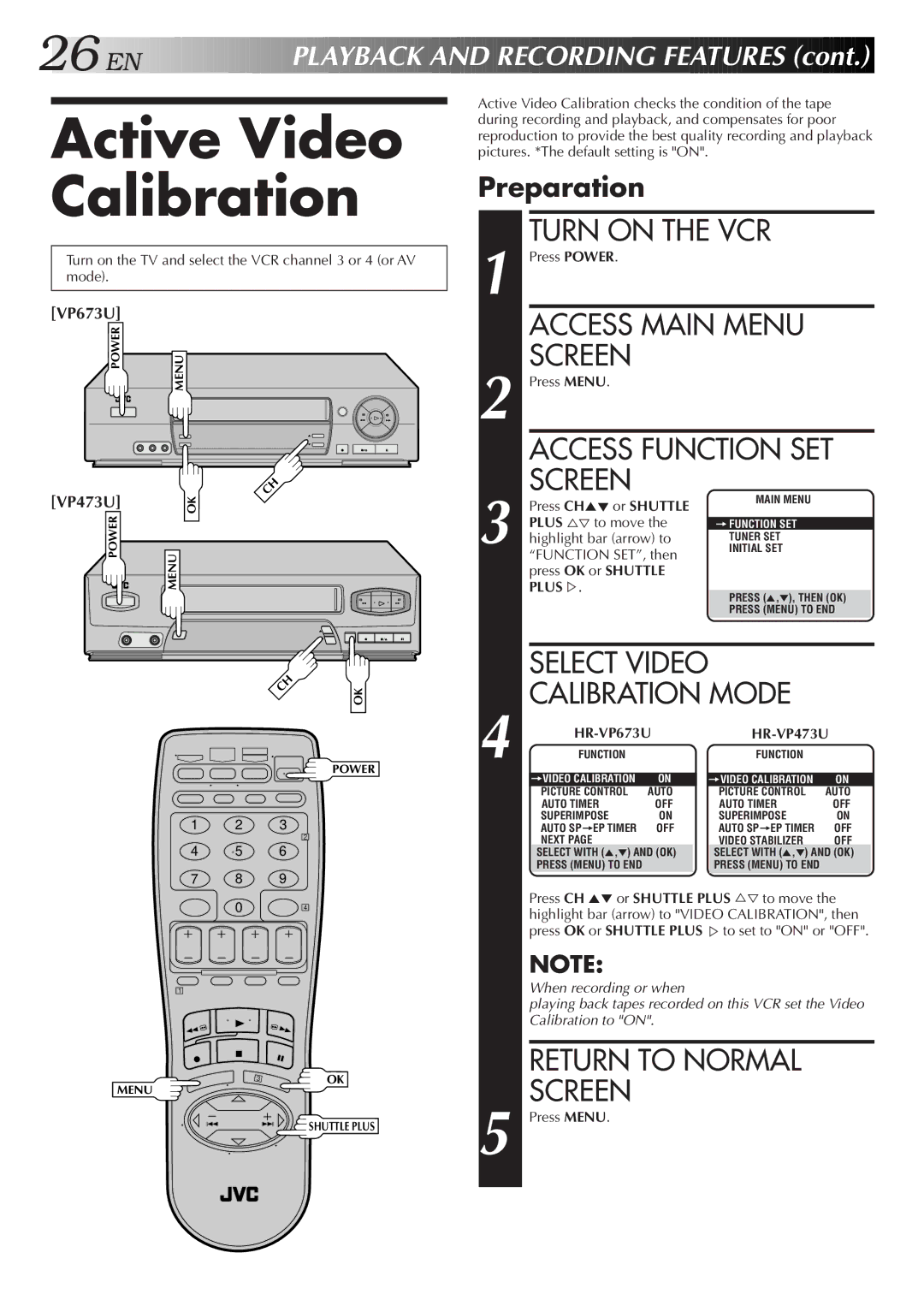 JVC HR-VP473U, HR-VP673U manual Active Video Calibration 