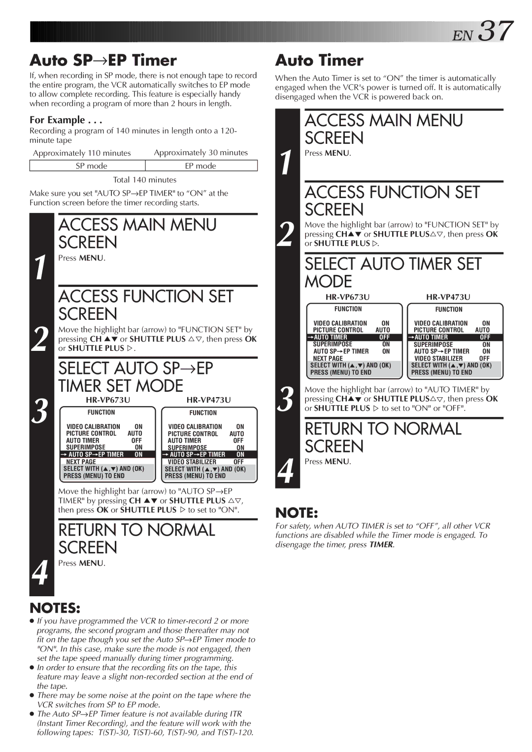 JVC HR-VP673U, HR-VP473U manual Auto SP→EP Timer, Auto Timer 