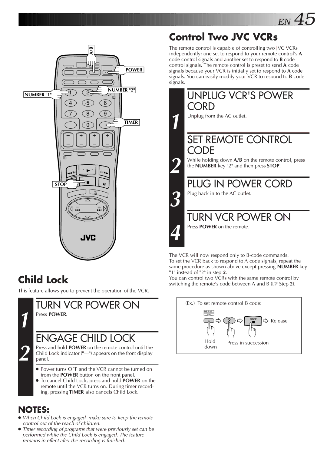 JVC HR-VP673U Unplug Vcrs Power, SET Remote Control, Code, Plug in Power Cord, Turn VCR Power on, Engage Child Lock 