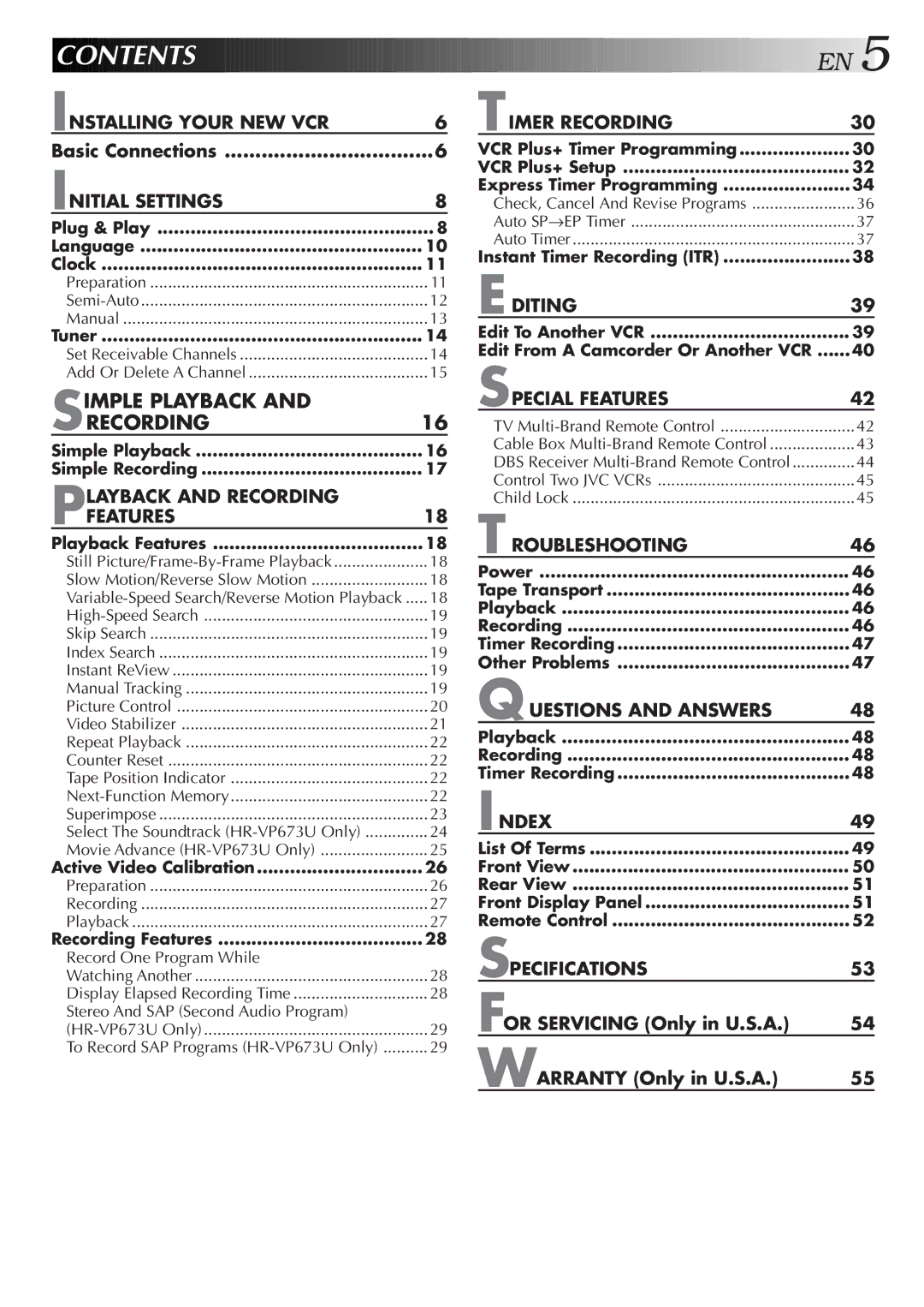 JVC HR-VP673U, HR-VP473U manual Contents 