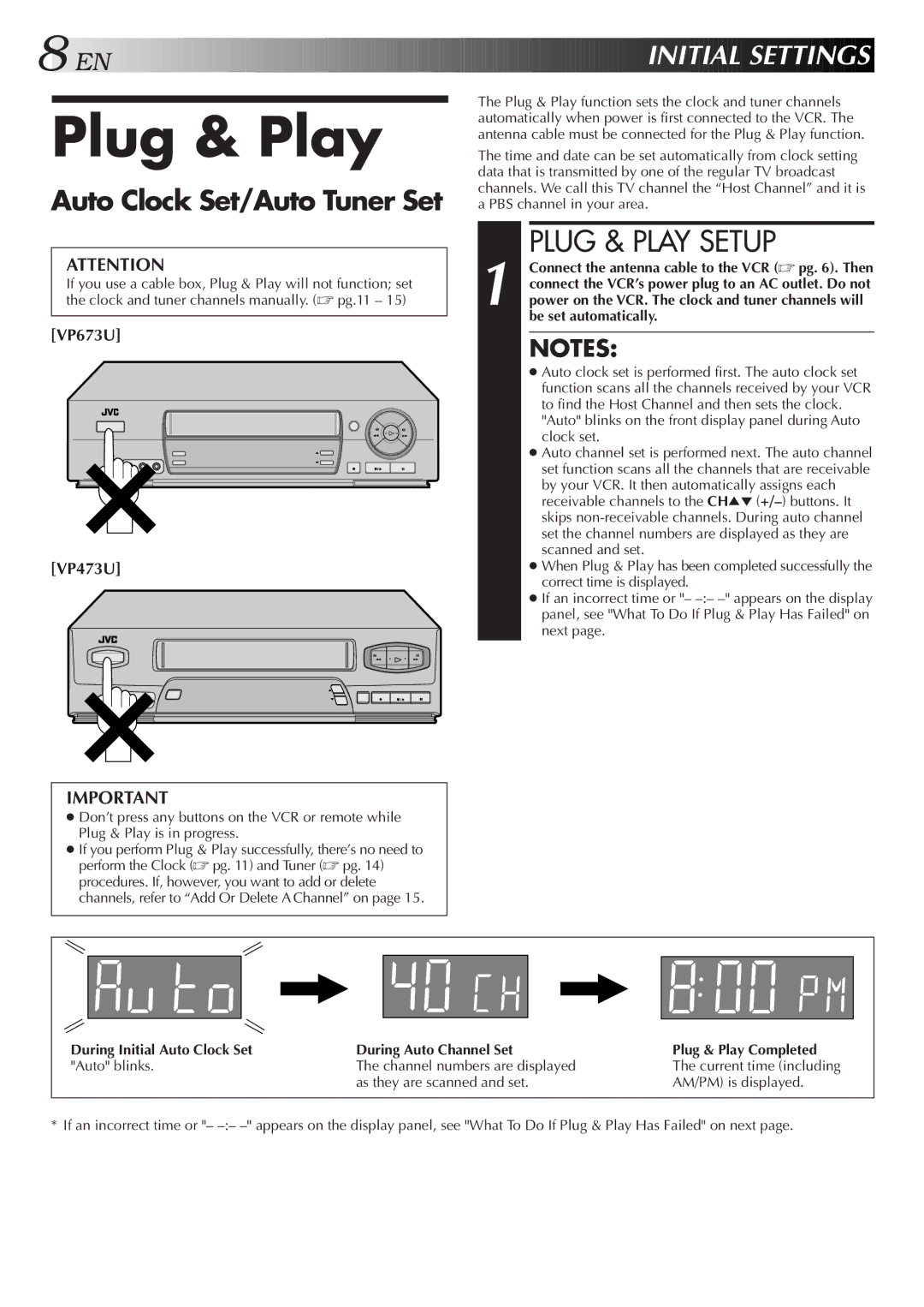 JVC HR-VP473U, HR-VP673U manual Plug & Play Setup, EN I Nitial Sett Ings, Auto Clock Set/Auto Tuner Set, VP673U VP473U 