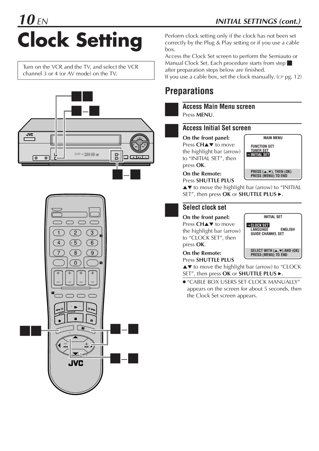 JVC HR-VP48U manual Clock Setting, 10 EN, Preparations, Select clock set 