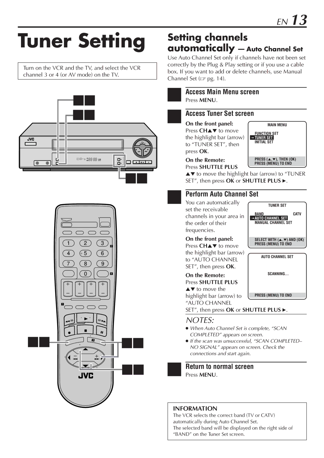 JVC HR-VP48U manual Tuner Setting, Access Tuner Set screen, Perform Auto Channel Set 