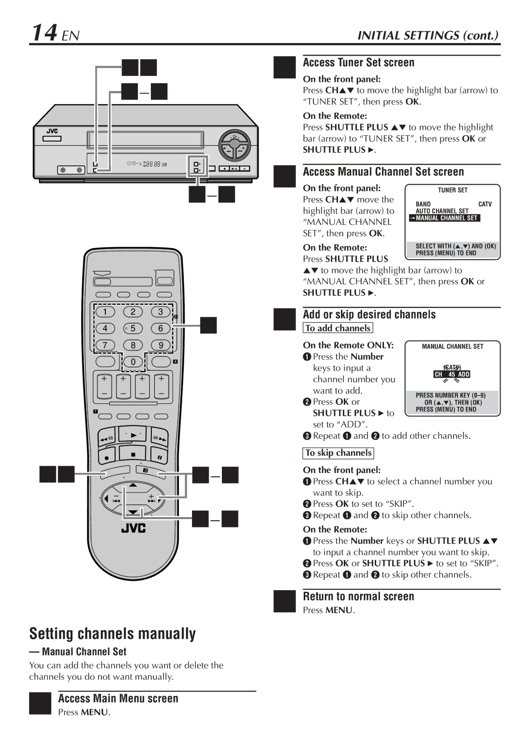 JVC HR-VP48U 14 EN, Setting channels manually, Access Manual Channel Set screen, Add or skip desired channels 