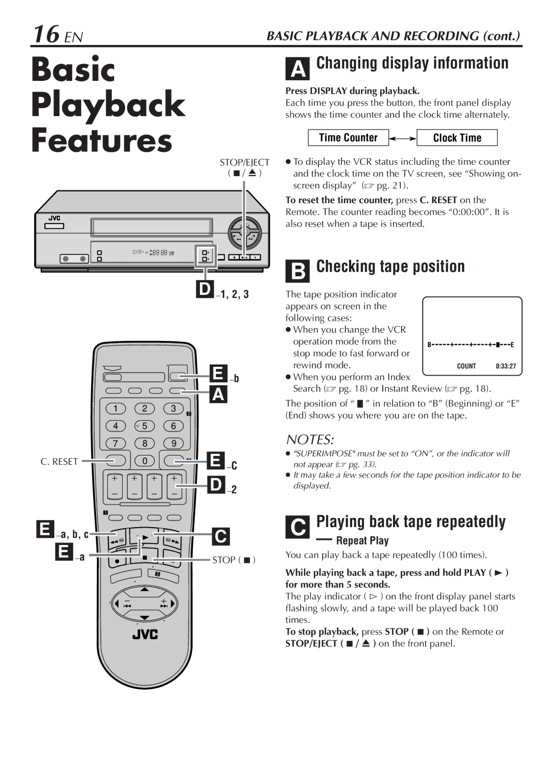 JVC HR-VP48U manual Basic Playback Features, 16 EN, Changing display information, Checking tape position 