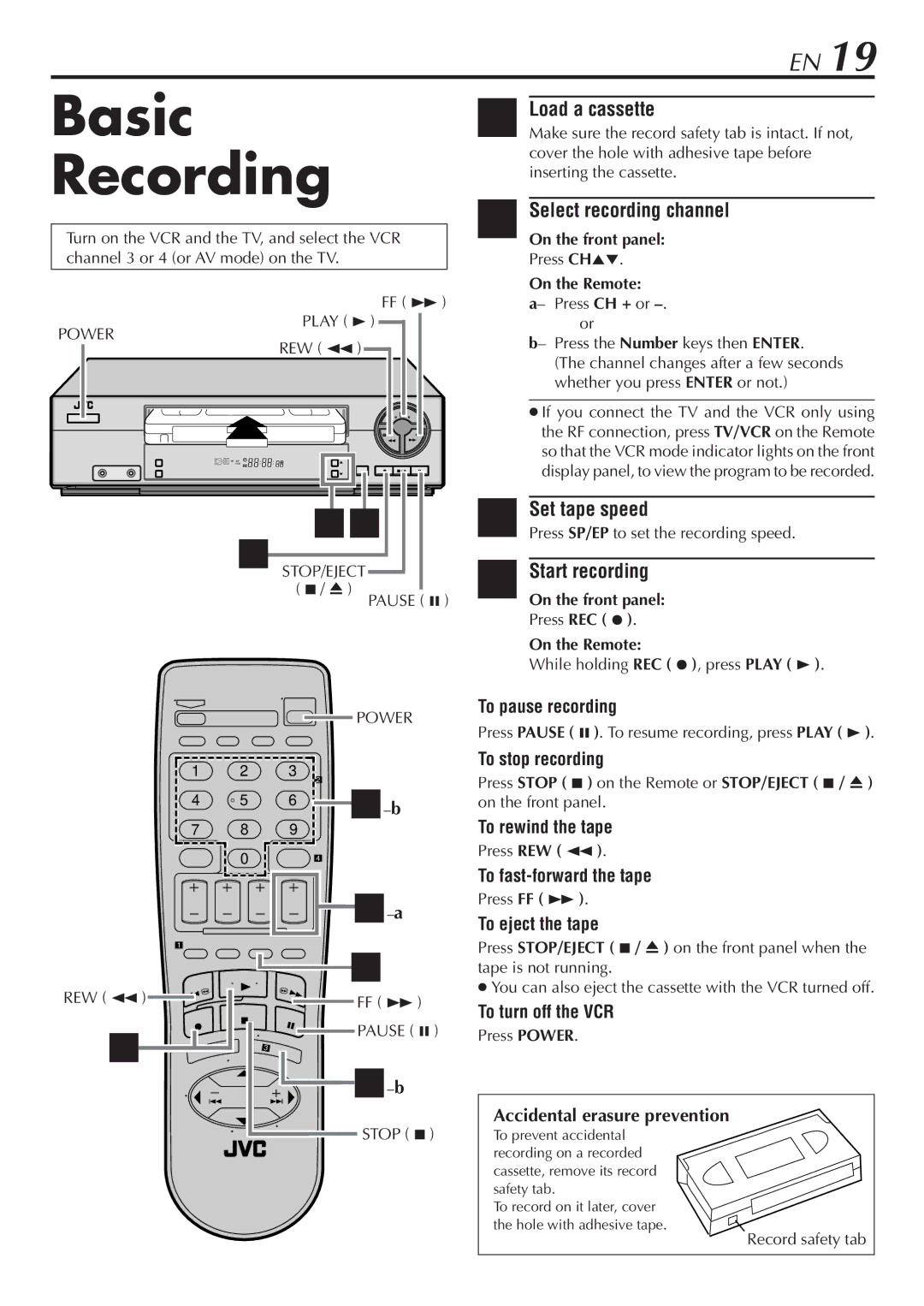 JVC HR-VP48U manual Basic Recording, Select recording channel, Set tape speed, Start recording 