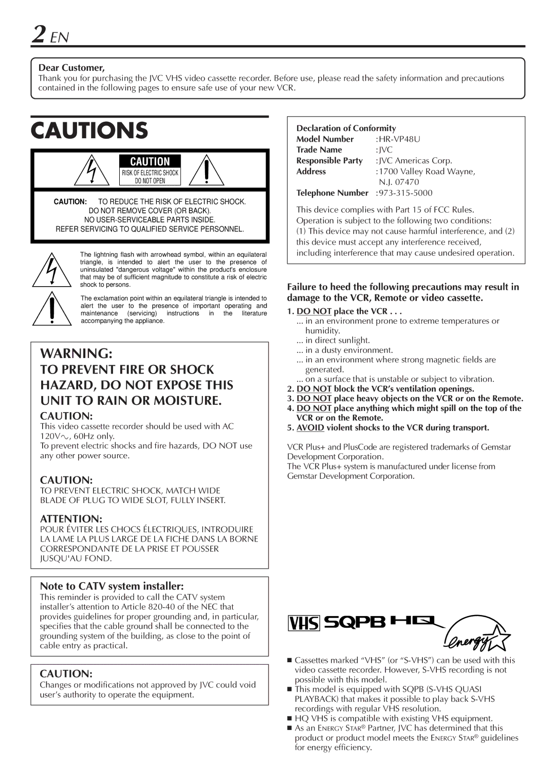 JVC HR-VP48U manual Dear Customer, Telephone Number 