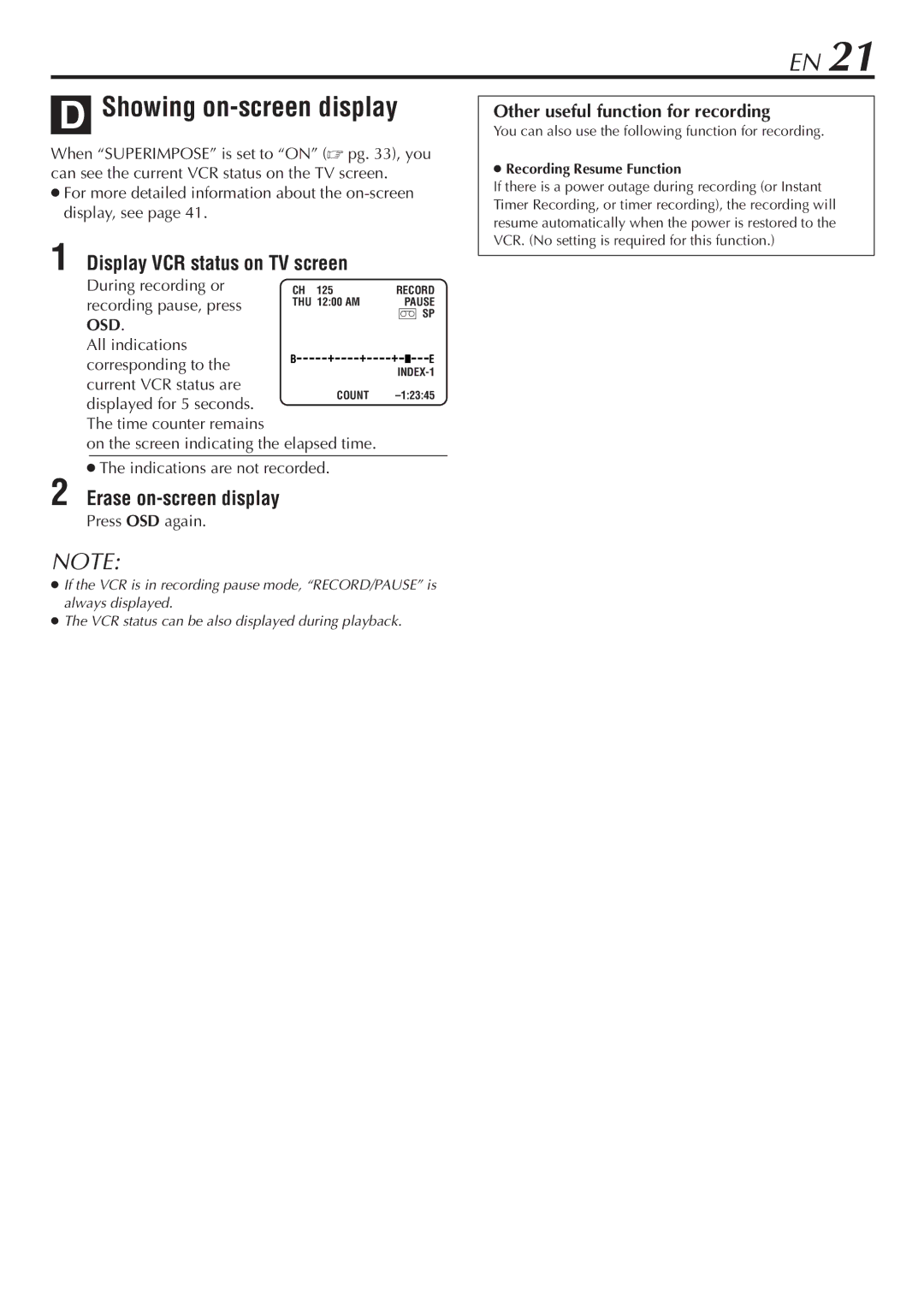 JVC HR-VP48U manual Showing on-screen display, Display VCR status on TV screen, Erase on-screen display 