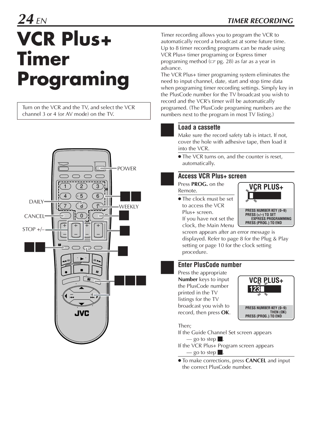JVC HR-VP48U manual VCR Plus+ Timer Programing, 24 EN, Access VCR Plus+ screen 