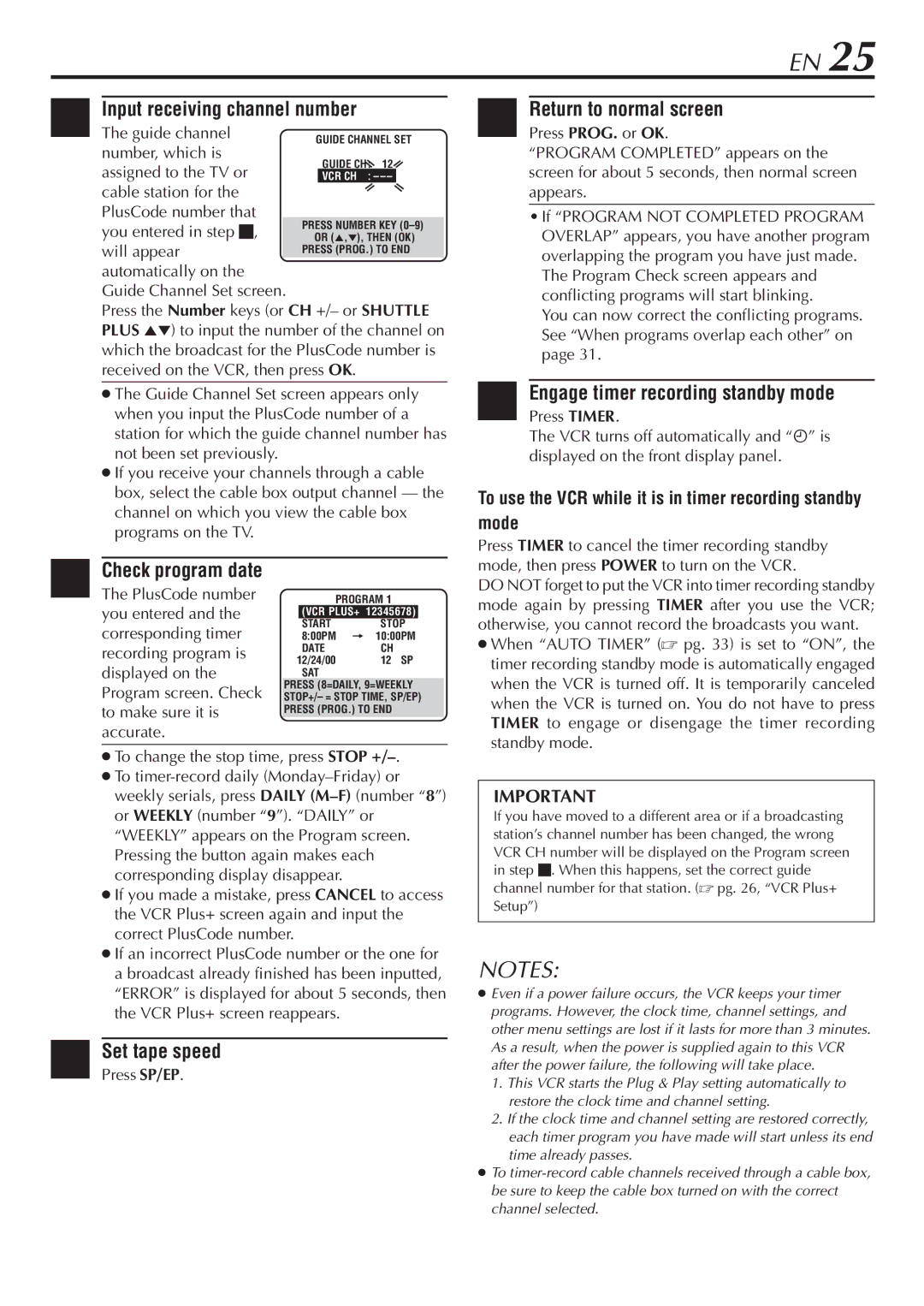 JVC HR-VP48U manual Input receiving channel number, Engage timer recording standby mode, Press SP/EP 