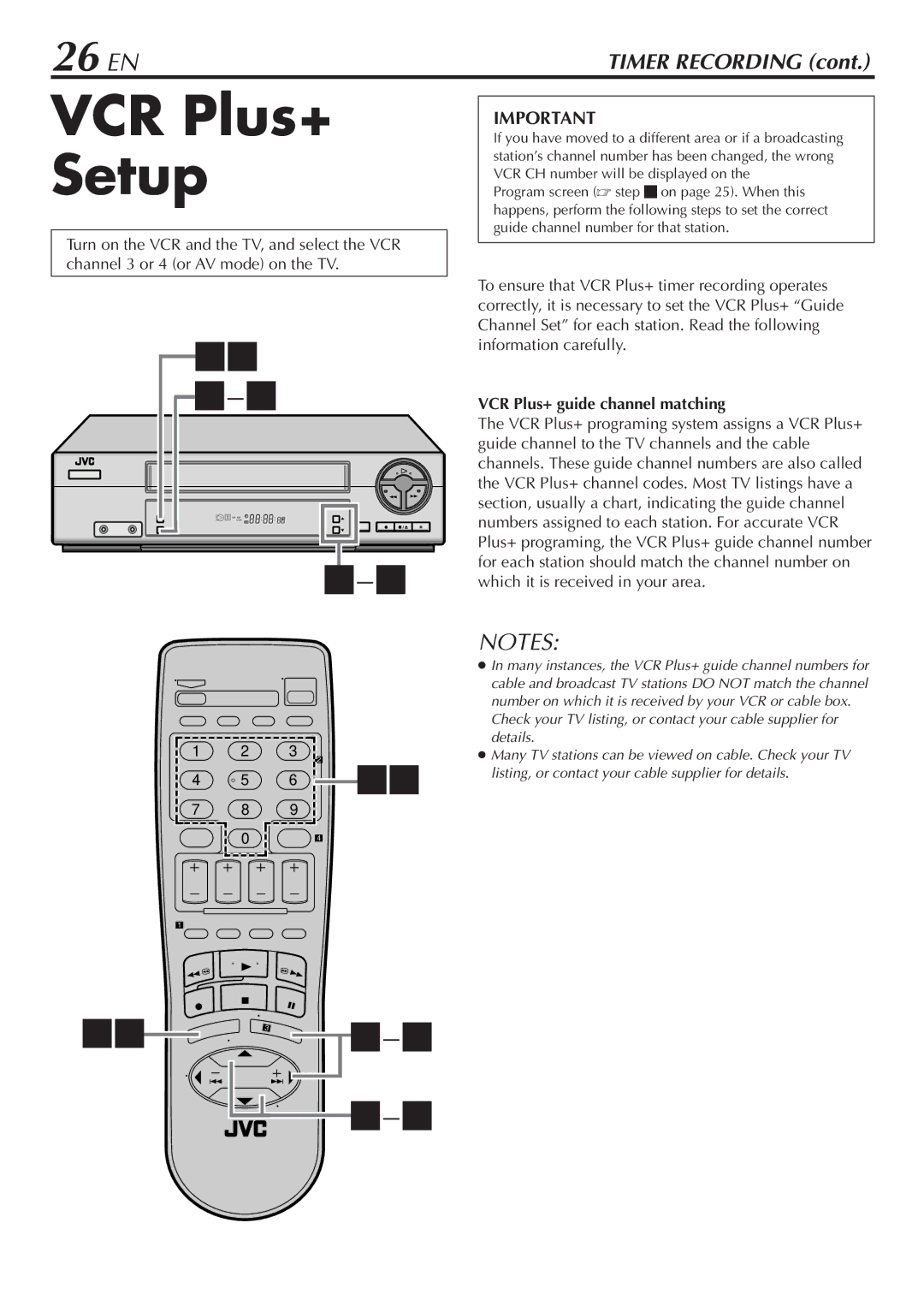JVC HR-VP48U manual VCR Plus+ Setup, 26 EN, VCR Plus+ guide channel matching 