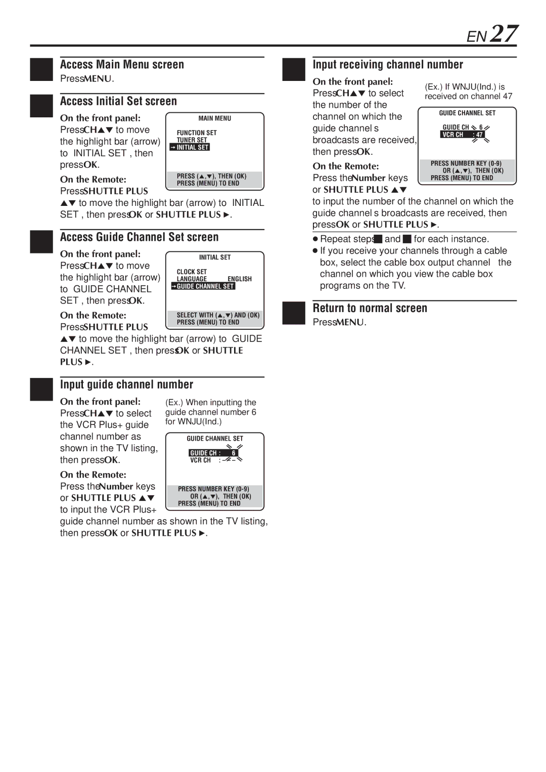 JVC HR-VP48U manual Access Guide Channel Set screen, Input guide channel number 