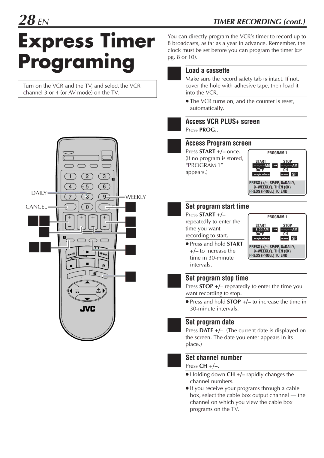 JVC HR-VP48U manual Express Timer Programing, 28 EN 