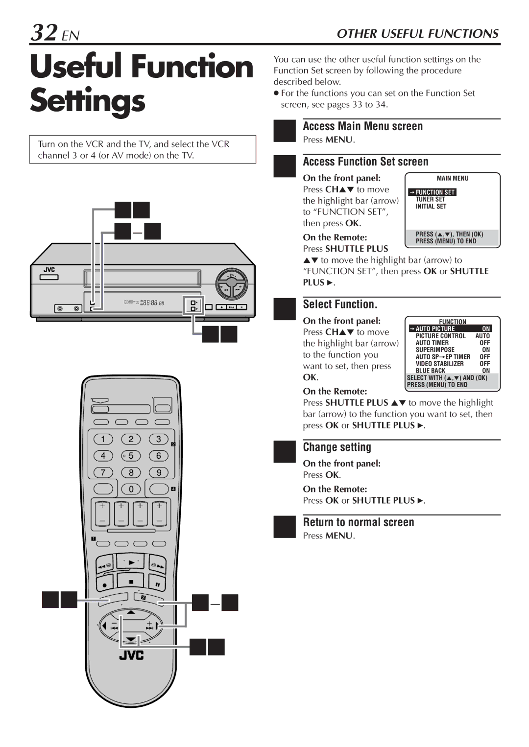 JVC HR-VP48U manual Useful Function Settings, 32 EN, Select Function, Change setting 