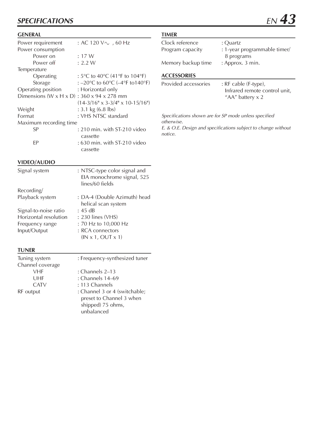 JVC HR-VP48U manual Specifications 