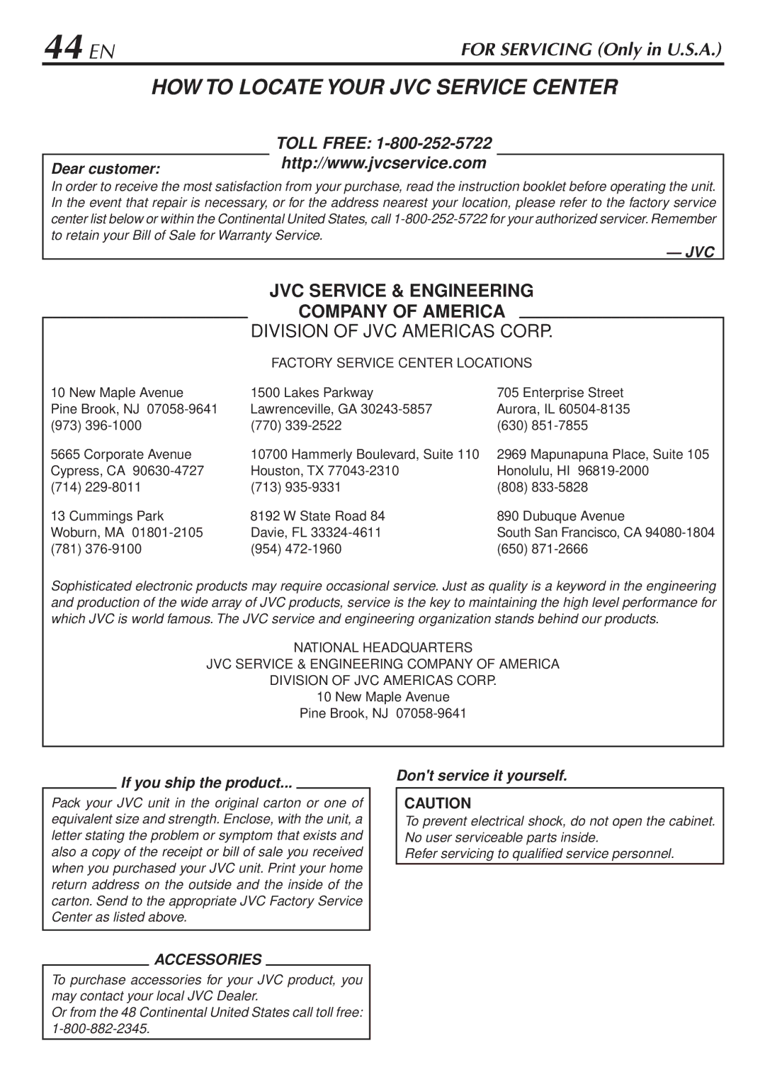 JVC HR-VP48U manual 44 EN, HOW to Locate Your JVC Service Center 