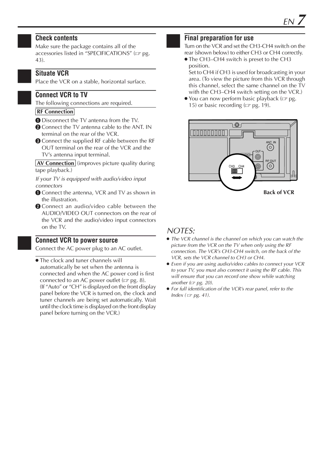 JVC HR-VP48U manual Check contents, Situate VCR, Connect VCR to TV, Final preparation for use, RF Connection 